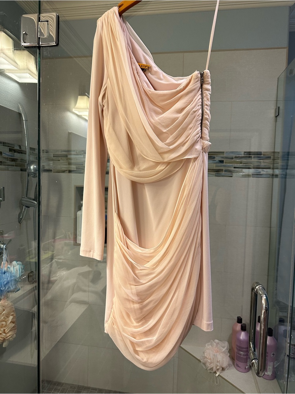 Alice + Olivia Blush One-Shoulder Draped Asymmetrical Dress